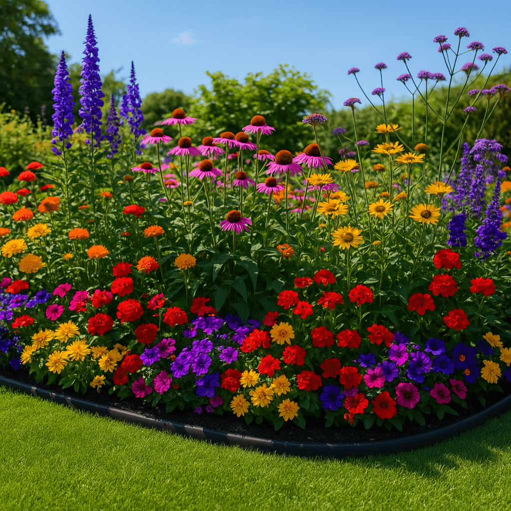 AI generated image of a British garden in the Summer and FlexiBorder garden lawn edging