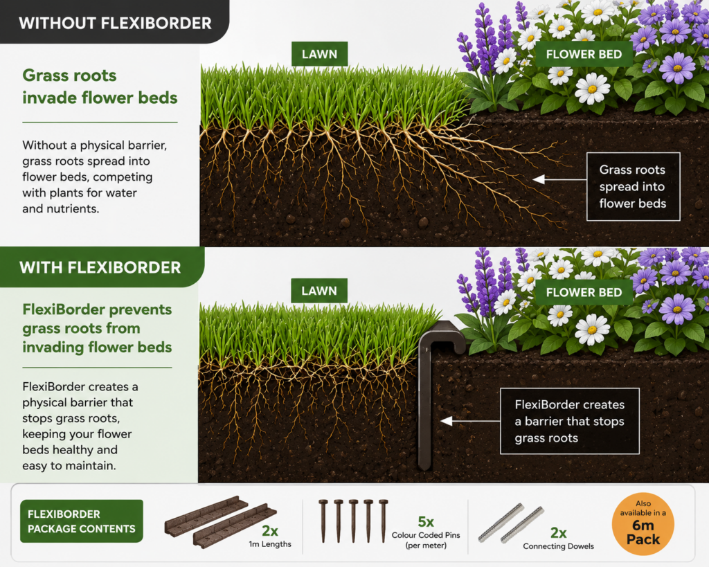 Illustration showing how flexiborder can prevent grass from groing into flower beds