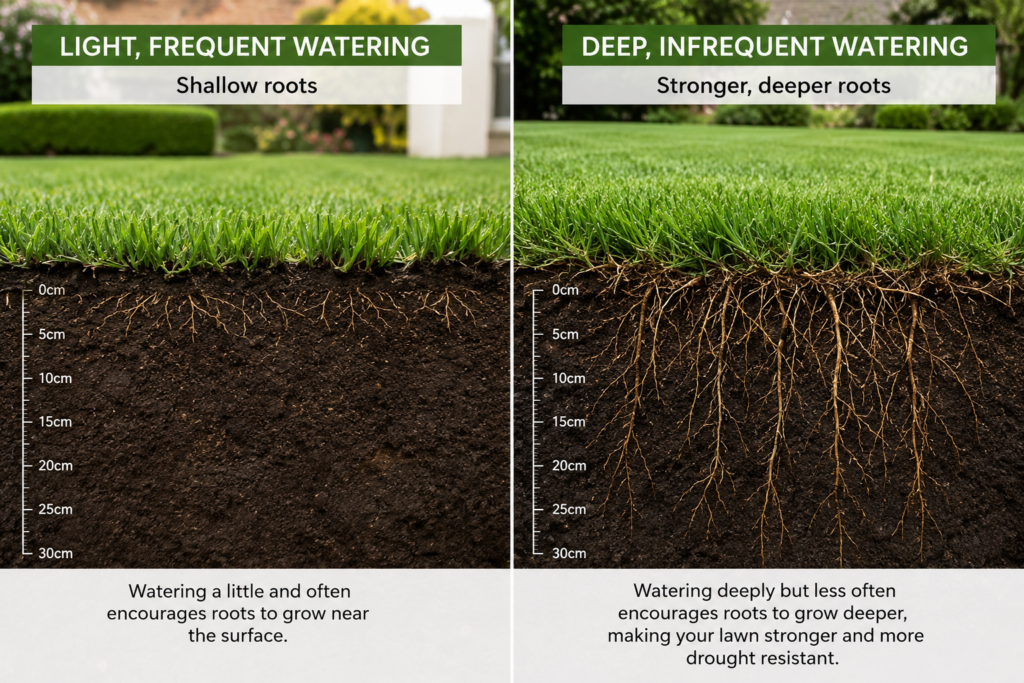 illustration showing difference in shallow watering vs generous watering and the effect it has on grass roots